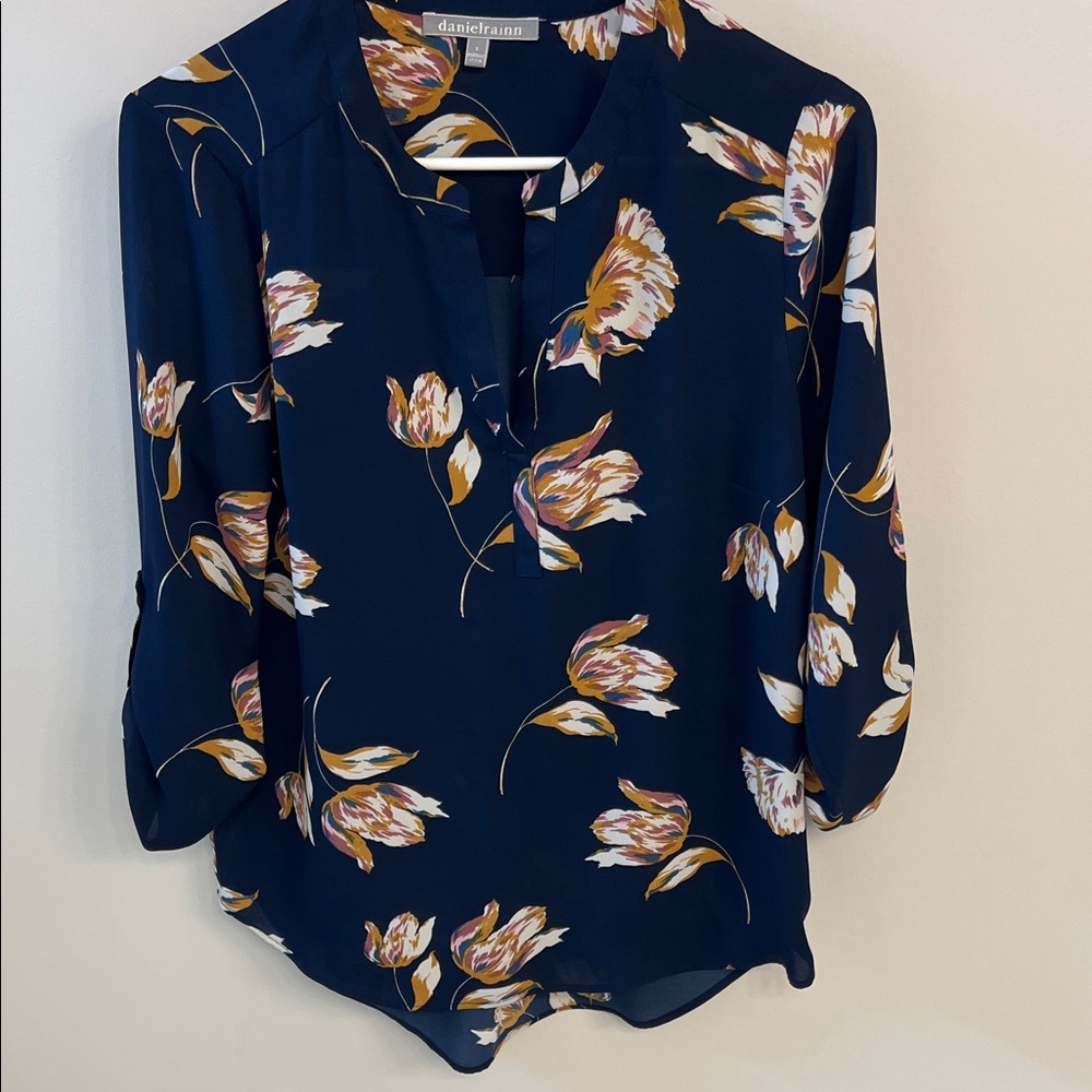 Daniel Rainn Navy and Pink Floral Blouse